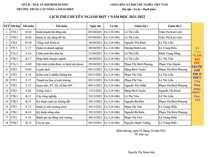 Lịch thi chuyên ngành đợt 1, năm học 2021-2022